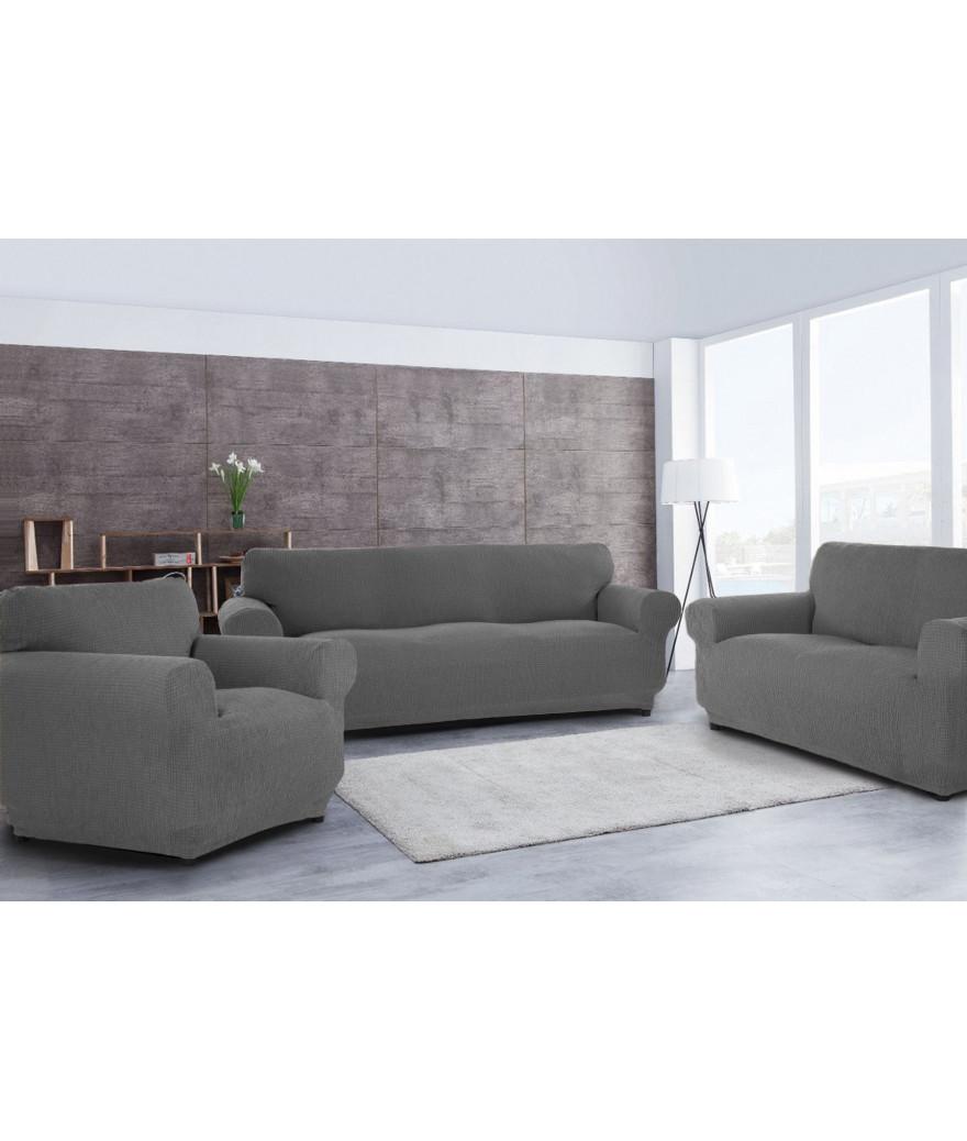 Housse De Canapé Velours Extensible 3/4 Places Avec Accoudoirs, Gris Clair